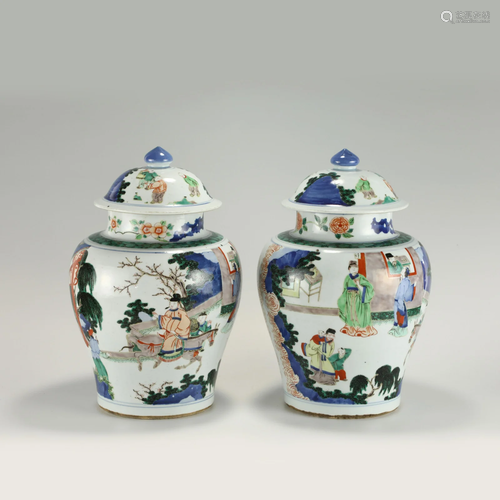 PAIR QING BLUE AND WHITE WUCAI GENERAL JAR