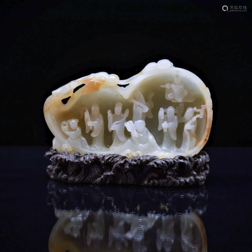 EIGHT IMMORTALS GROTTO CARVED JADE ON STAND