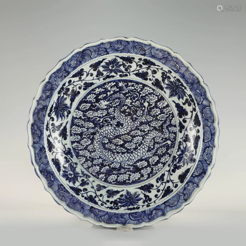 MING BLUE AND WHITE DRAGON PLATE