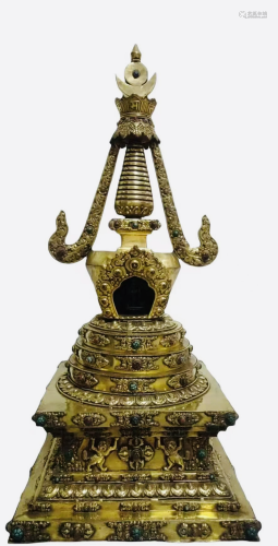 A Gilt Bronze Tibetan Pagoda