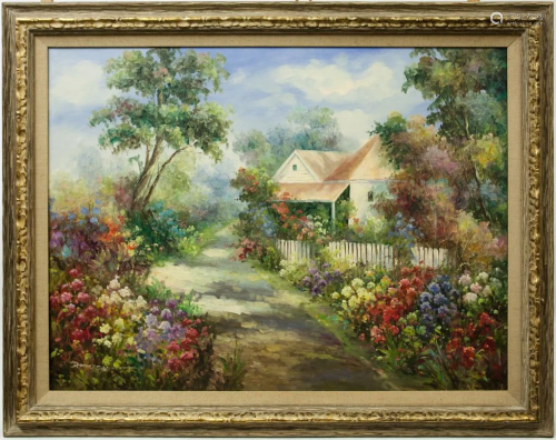 LARGE FRAMED OIL PAINTING OF A GARDEN & HOME
