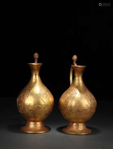 A Pair of Gilt Copper Wine Pots