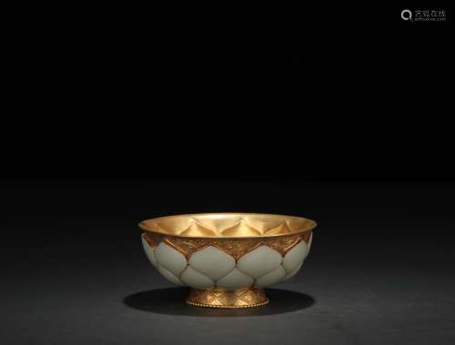 Gilt Copper Bowl with Jade Inlay