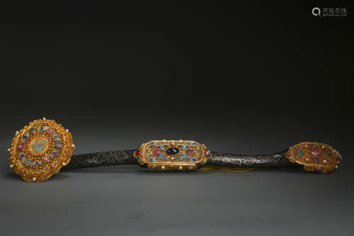 Gilt Silver Filigree Ruyi Scepter with Red Sandalwood Inlay