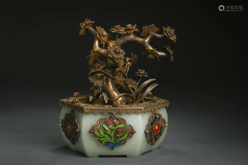 Hetian Jade and Gilt Silver Potted Landscape Ornament