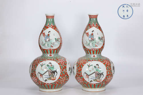 A Pair of Wucai Figure Double-Gourd Vase