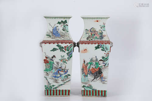 A Pair of Wucai Figure Square Vase