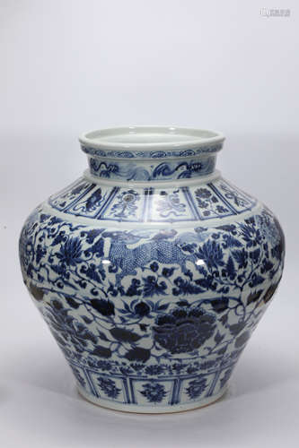 Blue and White Scrolling Lotus Mythical Beast Jar