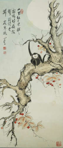 Monkeys under the Moon，Painting by Puru