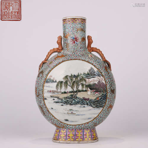 Qing dynasty famille rose mountain water holding moon vase