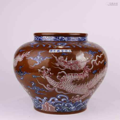 Ming Dynasty Red Glazed Blue and White Dragon Big can