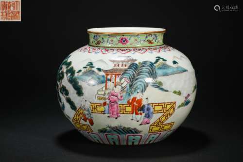 Qing dynasty famille rose landscape figure pot