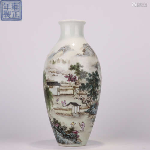 Qing dynasty famille rose vase with landscape pattern