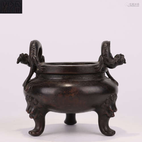 Qing Dynasty Three-legged Bronze Stove with Animal Ears