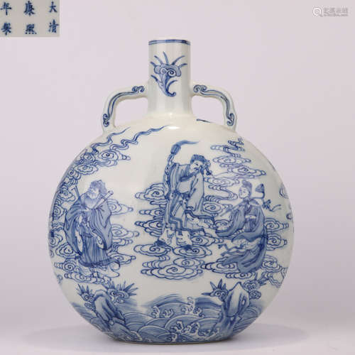 Qing Dynasty blue and white figure holding moon vase