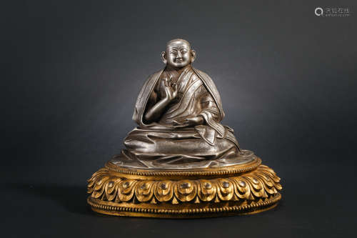 Qing Dynasty Silver Gilt Buddha Statue of the Guru