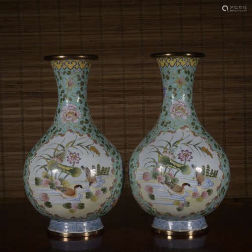 A pair of enamel 'floral and birds' vase