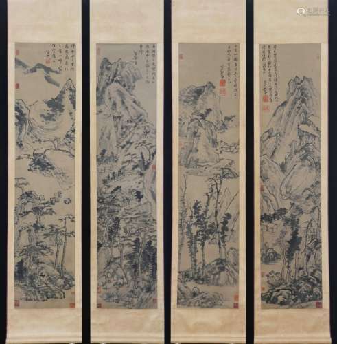 A Zhu da's four pieces landscape painting