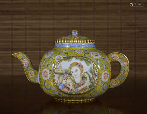 A enamel 'figure' teapot