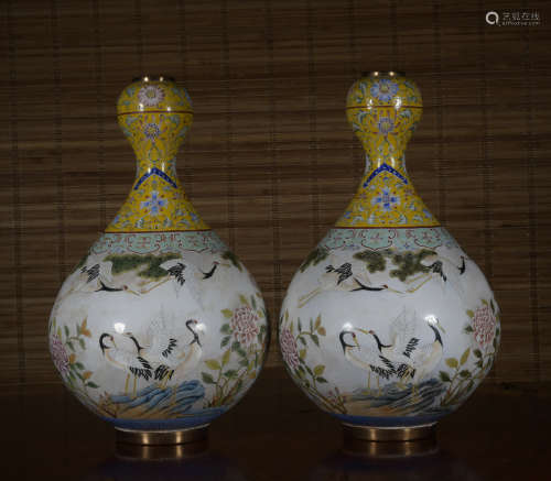 A pair of enamel 'crane' vase