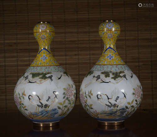 A pair of enamel 'crane' vase