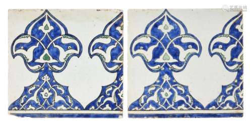 A pair of Damascus underglaze painted pottery border tiles, ...