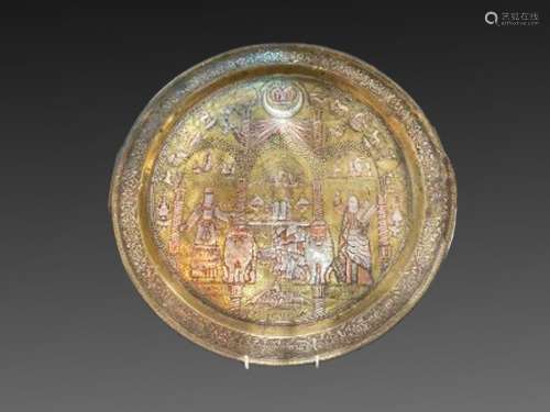 important Islamic 19th century Silver Inlay Gilt Platter Sto...
