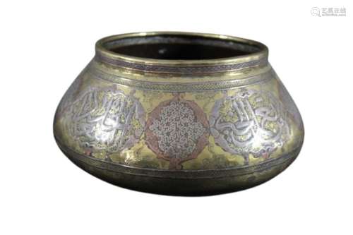 MAMLUK REVIVAL LARGE BRASS & SILVER INLAID BOWL