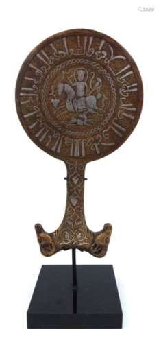 A PERSIAN BRONZE AND WHITE METAL HAND MIRROR With Calligraph...