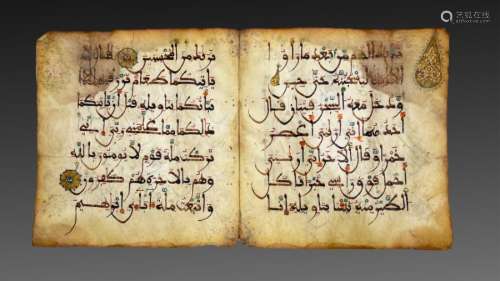 AN ILLUMINATED TWO FOLIO QUR'AN SECTION IN MAGHRIBI SCRIPT, ...