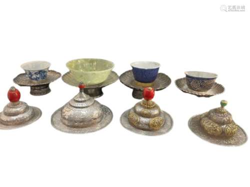 Early Chinese Tibetan Silver Dishes Golden & Silver Inlay