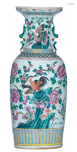 A Chinese famille rose 'Cockerels' vase, 19thC, H 60