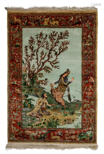 An Oriental carpet, decorated with figures in a