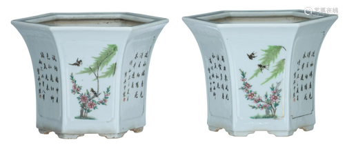 A pair of Chinese hexagonal famille rose jardiniÃ¨res,