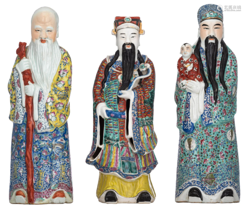 Three Chinese famille rose 'Sanxing' figures, 20thC, H