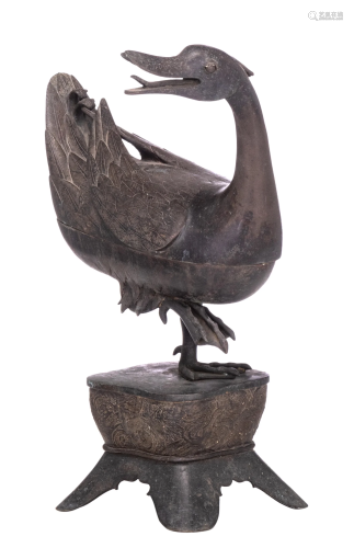 A Chinese bronze duck-form censer and cover, H 38 - 28
