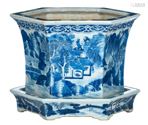 A Chinese blue and white hexagonal jardiniÃ¨re and