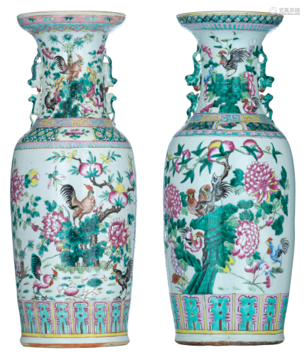 Two Chinese famille rose 'Cockerels' vases, paired