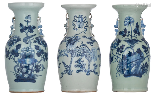 Three Chinese blue and white on celadon ground vases,