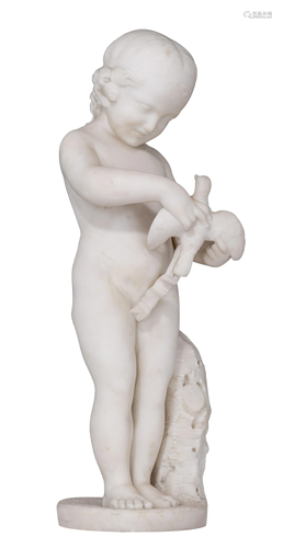 A Carrara marble figure of a boy playing with a bird,