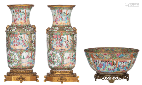 Two Chinese Canton famille rose mounted vases and a