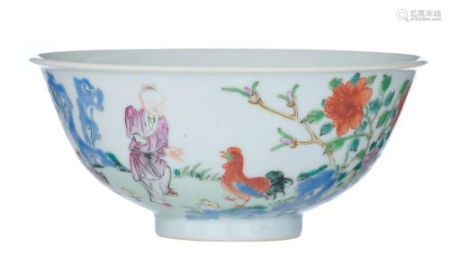 A Chinese famille rose 'Boy and Cockerel' bowl, with a