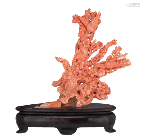 A Chinese pink coral 'Magpie and Prunus' carving