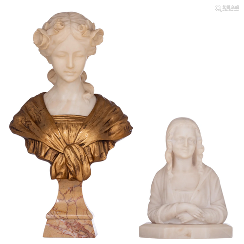 Two busts of young girls, Carrara marble, H 20,5 - 38