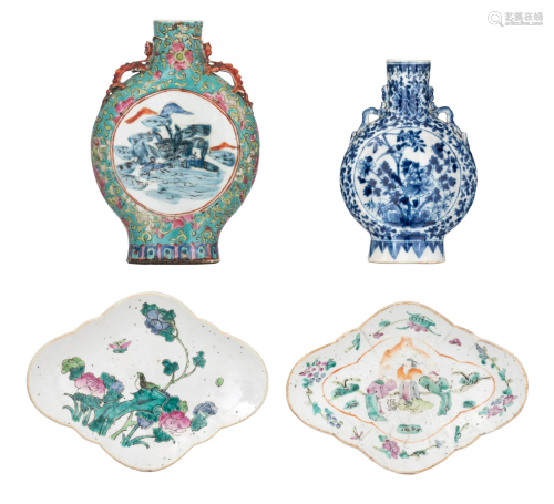 Two Chinese moonflasks and two famille rose footed