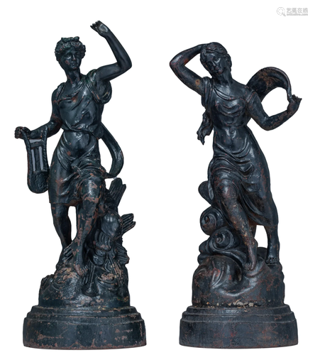 A pair of cast iron garden sculptures of Hermes and