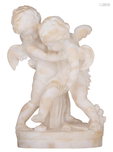 An alabaster sculpture with two quarreling cupids, H