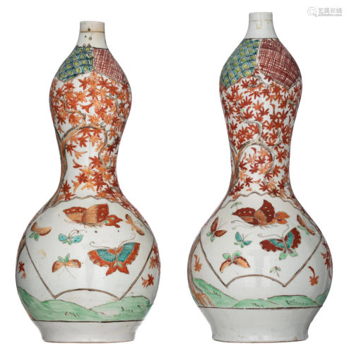 A pair of Japanese Arita Imari double-gourd vases,