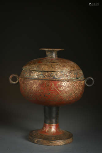 Copper Bodied Dou Vessel with Silver Inlay