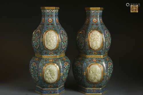 A Pair of Cloisonne Gourd-shaped Vases with Jade Inlay